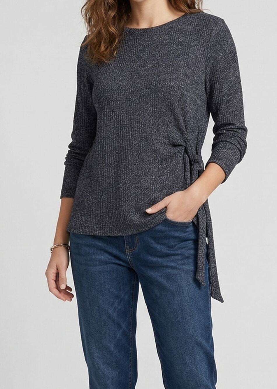 Ophelia Roe Black Metallic Long Sleeve Tie Waist Sweater Polyester